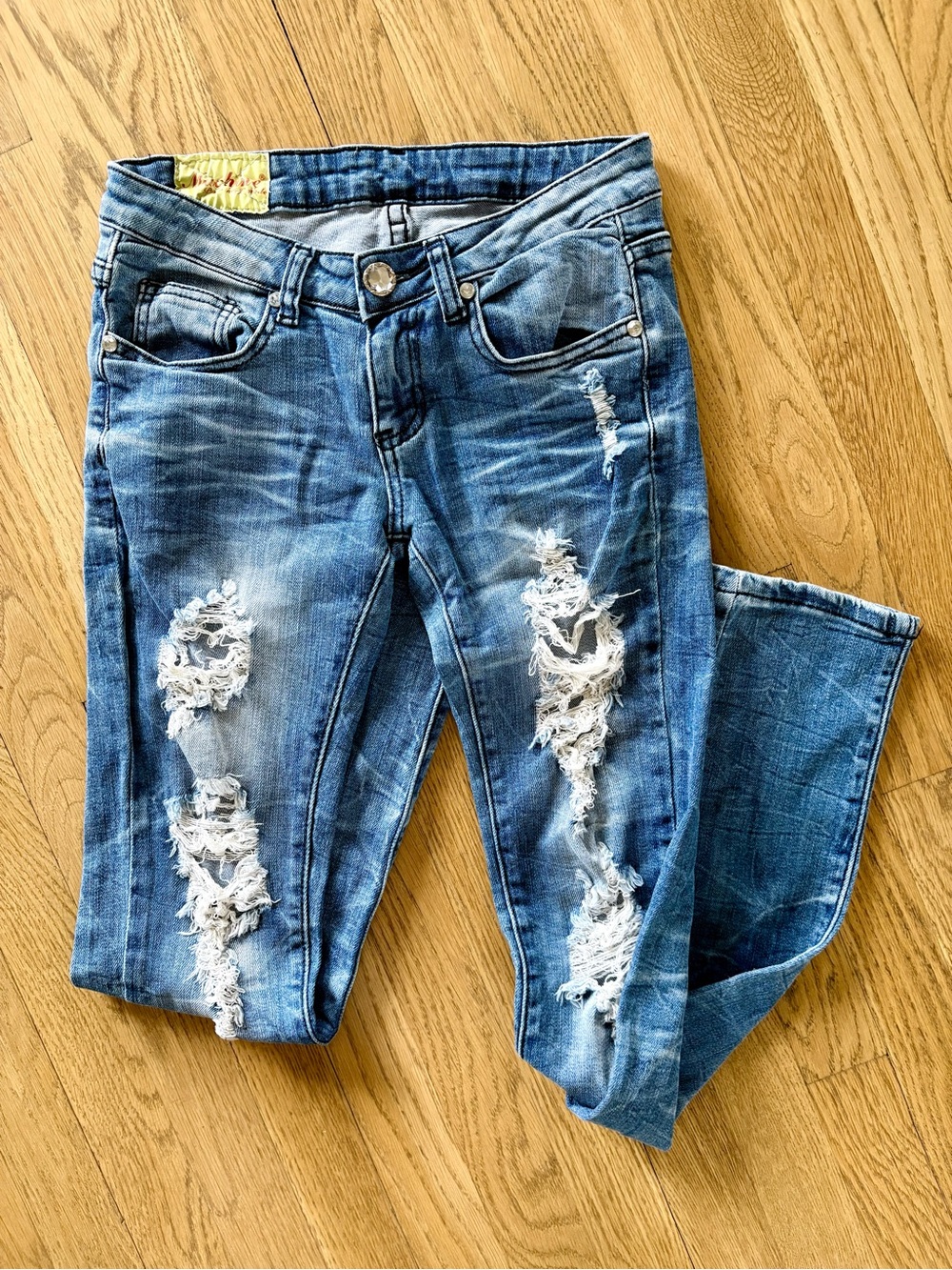 Machine Blue Distressed Skinny Jeans with White Rips